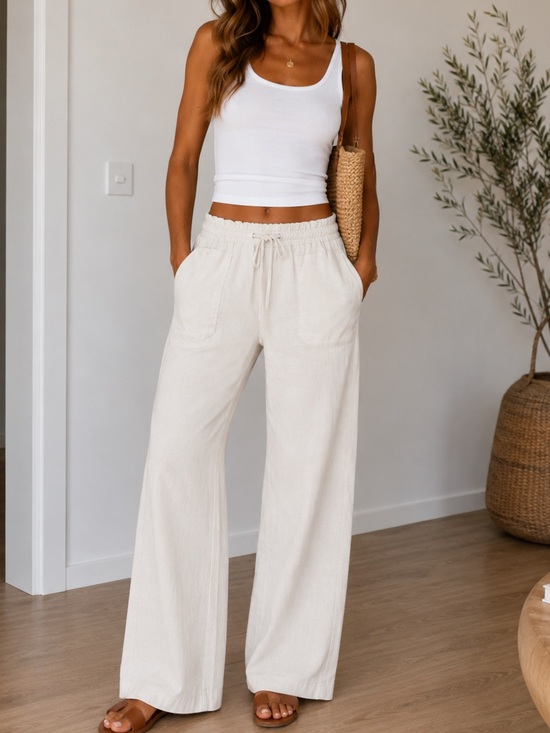 Roxy Pants - Roxy Wide Leg Linen-Blend Pants in Cream